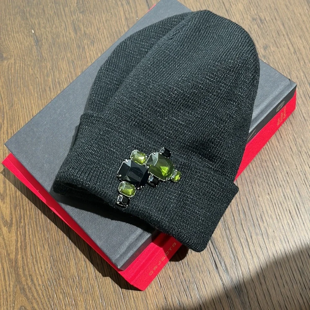 Black Beanie Hat with Black and Green Rhinestone Detail - Picture 4 of 4